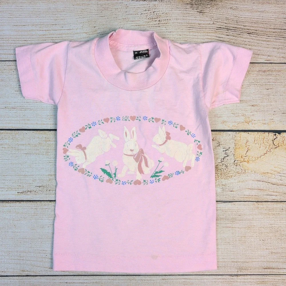 Vintage Fruit of the Loom Best Bunny Rabbit Pink T-Shirt Kids 2-4 USA Made 90s